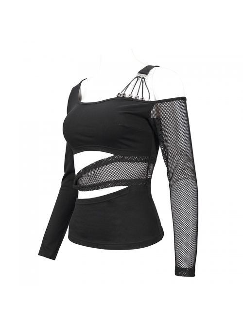 Black Gothic Off-The-Shoulder Asymmetrical Design Small Skull Decoration Long-Sleeve T-Shirt With Cutout Straps At The Waist