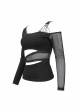 Black Gothic Off-The-Shoulder Asymmetrical Design Small Skull Decoration Long-Sleeve T-Shirt With Cutout Straps At The Waist