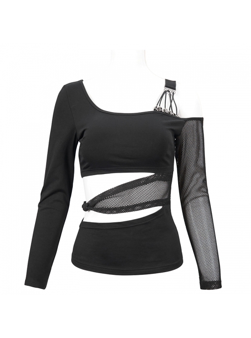Black Gothic Off-The-Shoulder Asymmetrical Design Small Skull Decoration Long-Sleeve T-Shirt With Cutout Straps At The Waist