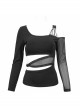 Black Gothic Off-The-Shoulder Asymmetrical Design Small Skull Decoration Long-Sleeve T-Shirt With Cutout Straps At The Waist