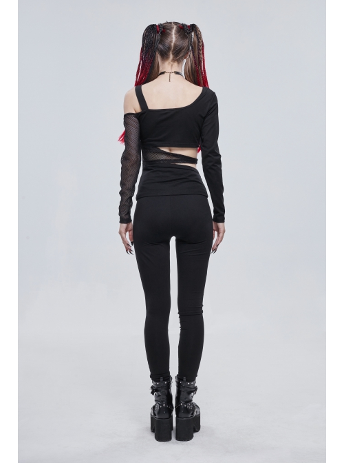 Black Gothic Off-The-Shoulder Asymmetrical Design Small Skull Decoration Long-Sleeve T-Shirt With Cutout Straps At The Waist