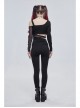 Black Gothic Off-The-Shoulder Asymmetrical Design Small Skull Decoration Long-Sleeve T-Shirt With Cutout Straps At The Waist