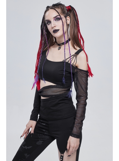 Black Gothic Off-The-Shoulder Asymmetrical Design Small Skull Decoration Long-Sleeve T-Shirt With Cutout Straps At The Waist
