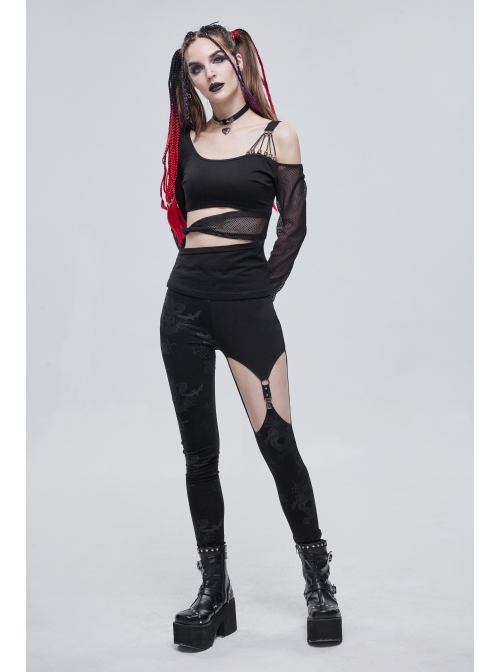 Black Gothic Off-The-Shoulder Asymmetrical Design Small Skull Decoration Long-Sleeve T-Shirt With Cutout Straps At The Waist