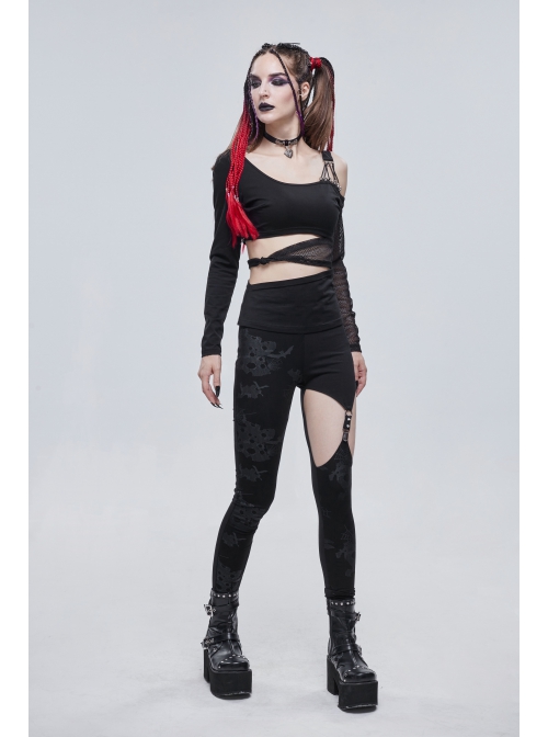 Black Gothic Off-The-Shoulder Asymmetrical Design Small Skull Decoration Long-Sleeve T-Shirt With Cutout Straps At The Waist