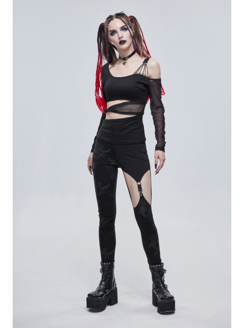 Black Gothic Off-The-Shoulder Asymmetrical Design Small Skull Decoration Long-Sleeve T-Shirt With Cutout Straps At The Waist