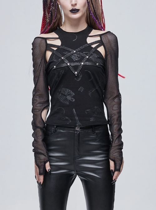 Long-Sleeved T-Shirt In Black Cotton Jersey With A Pentagram Design And A Bone Pattern Print