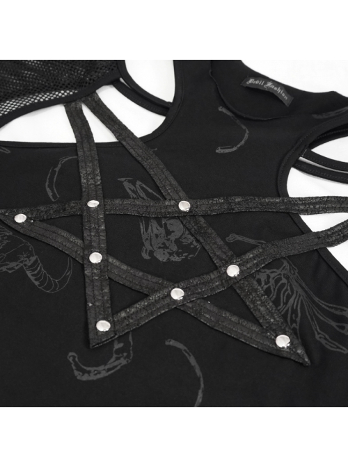 Long-Sleeved T-Shirt In Black Cotton Jersey With A Pentagram Design And A Bone Pattern Print