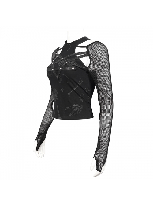 Long-Sleeved T-Shirt In Black Cotton Jersey With A Pentagram Design And A Bone Pattern Print