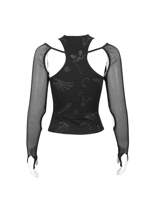 Long-Sleeved T-Shirt In Black Cotton Jersey With A Pentagram Design And A Bone Pattern Print