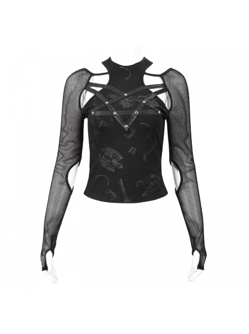 Long-Sleeved T-Shirt In Black Cotton Jersey With A Pentagram Design And A Bone Pattern Print