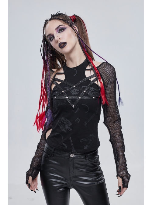 Long-Sleeved T-Shirt In Black Cotton Jersey With A Pentagram Design And A Bone Pattern Print