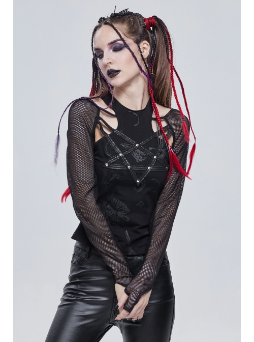 Long-Sleeved T-Shirt In Black Cotton Jersey With A Pentagram Design And A Bone Pattern Print