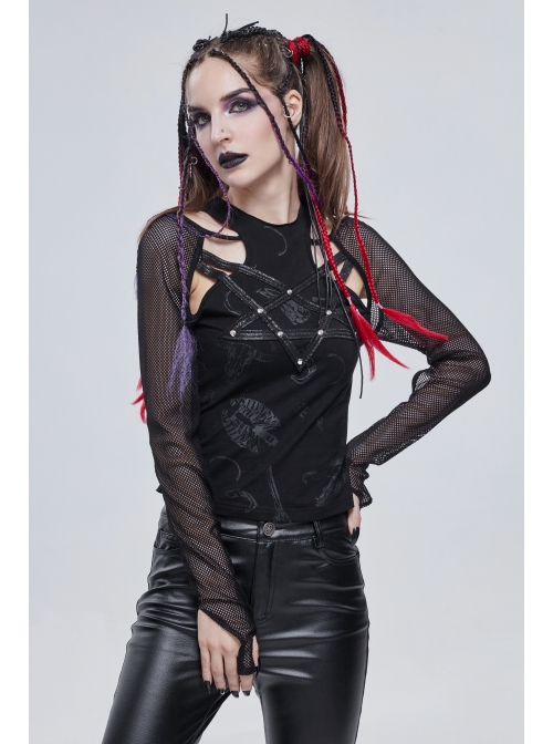 Long-Sleeved T-Shirt In Black Cotton Jersey With A Pentagram Design And A Bone Pattern Print