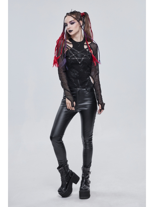 Long-Sleeved T-Shirt In Black Cotton Jersey With A Pentagram Design And A Bone Pattern Print