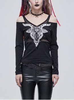 Long-Sleeved Off-The-Shoulder T-Shirt In Cotton Knitted Fabric With Pentagram Embellished Mesh Skull Print