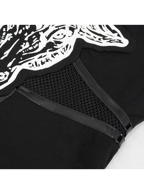 Long-Sleeved Off-The-Shoulder T-Shirt In Cotton Knitted Fabric With Pentagram Embellished Mesh Skull Print