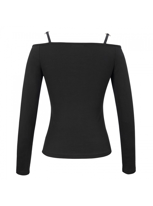 Long-Sleeved Off-The-Shoulder T-Shirt In Cotton Knitted Fabric With Pentagram Embellished Mesh Skull Print