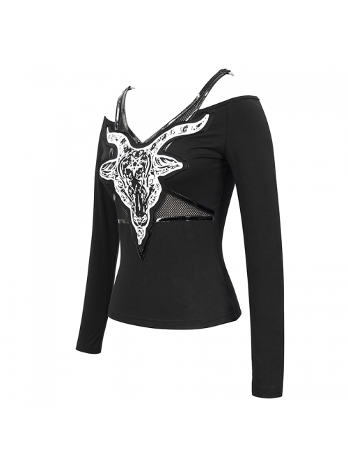Long-Sleeved Off-The-Shoulder T-Shirt In Cotton Knitted Fabric With Pentagram Embellished Mesh Skull Print