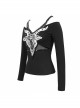 Long-Sleeved Off-The-Shoulder T-Shirt In Cotton Knitted Fabric With Pentagram Embellished Mesh Skull Print