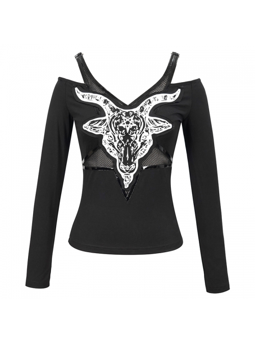 Long-Sleeved Off-The-Shoulder T-Shirt In Cotton Knitted Fabric With Pentagram Embellished Mesh Skull Print