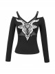 Long-Sleeved Off-The-Shoulder T-Shirt In Cotton Knitted Fabric With Pentagram Embellished Mesh Skull Print