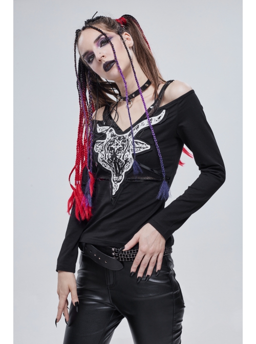 Long-Sleeved Off-The-Shoulder T-Shirt In Cotton Knitted Fabric With Pentagram Embellished Mesh Skull Print