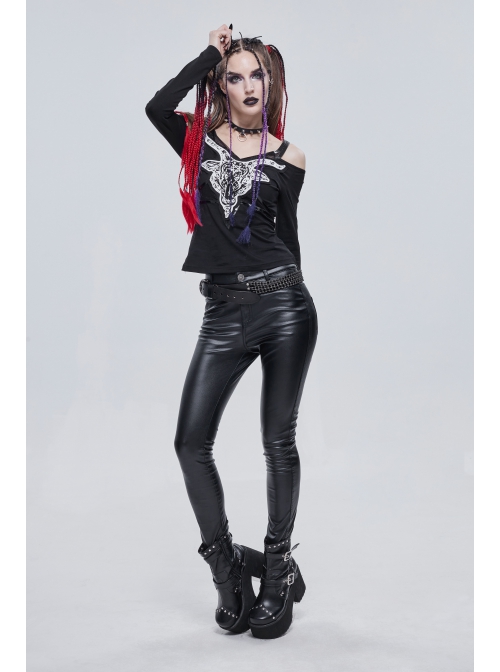 Long-Sleeved Off-The-Shoulder T-Shirt In Cotton Knitted Fabric With Pentagram Embellished Mesh Skull Print