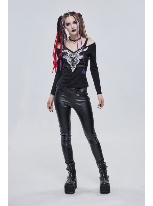 Long-Sleeved Off-The-Shoulder T-Shirt In Cotton Knitted Fabric With Pentagram Embellished Mesh Skull Print