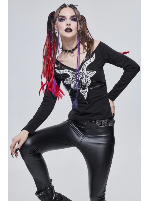Long-Sleeved Off-The-Shoulder T-Shirt In Cotton Knitted Fabric With Pentagram Embellished Mesh Skull Print