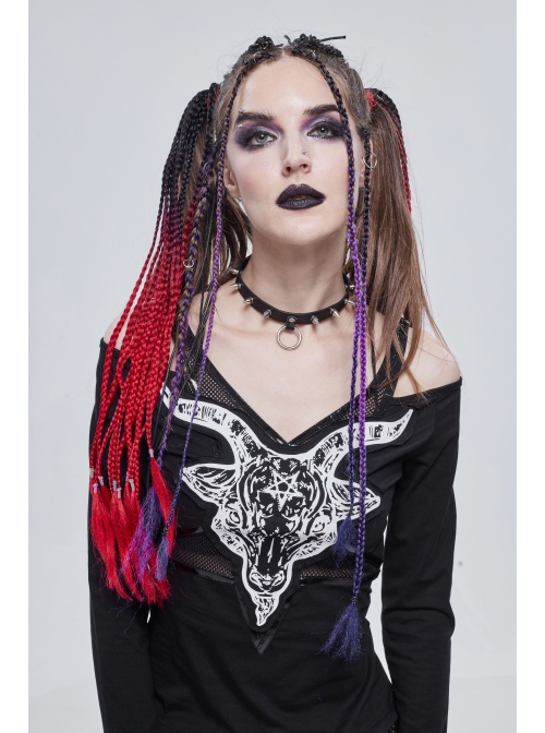 Long-Sleeved Off-The-Shoulder T-Shirt In Cotton Knitted Fabric With Pentagram Embellished Mesh Skull Print