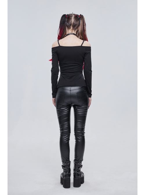 Long-Sleeved Off-The-Shoulder T-Shirt In Cotton Knitted Fabric With Pentagram Embellished Mesh Skull Print