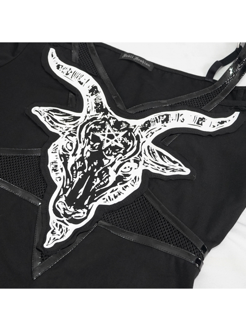 Long-Sleeved Off-The-Shoulder T-Shirt In Cotton Knitted Fabric With Pentagram Embellished Mesh Skull Print