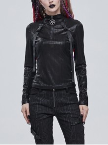 Punk Shimmery Stretch Fabric Turtleneck With Zipper Metal Pentagram Pendant Buckle Decoration Daily T-Shirt