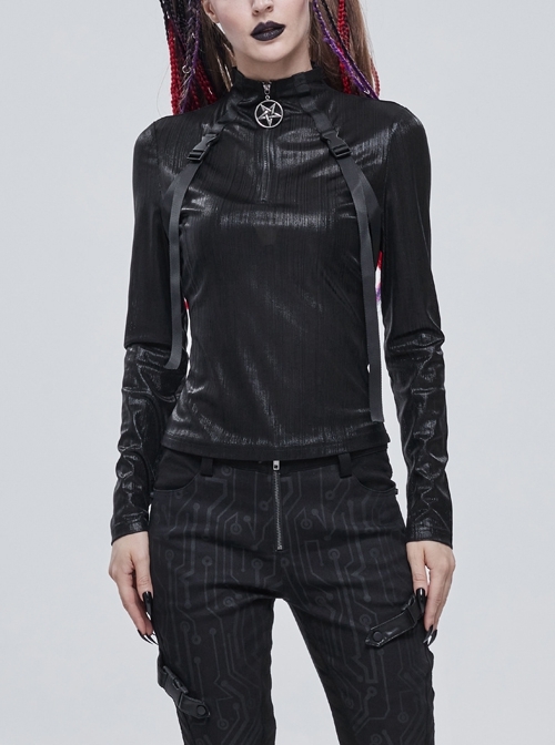 Punk Shimmery Stretch Fabric Turtleneck With Zipper Metal Pentagram Pendant Buckle Decoration Daily T-Shirt