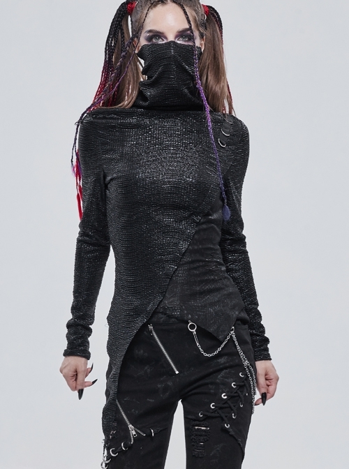Punk High Neck Compressed Stretch Fabric Irregular Pointed Hem Pleated T-Shirt