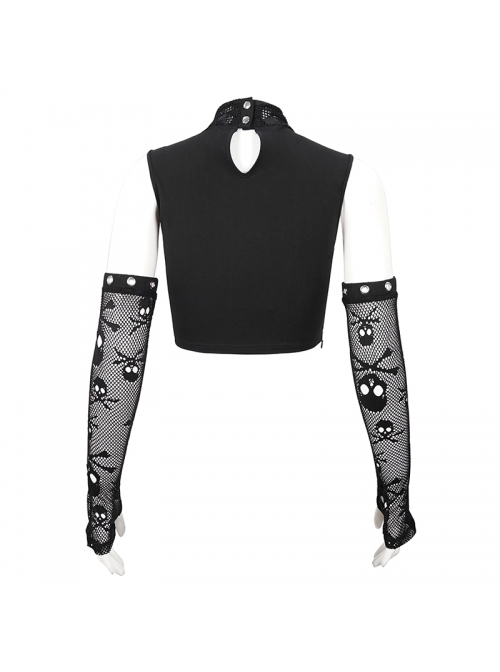 Gothic Cotton Knitted Fabric Fake Two-Piece Small Stand-Up Collar Patchwork Skull Mesh Super Short Vest