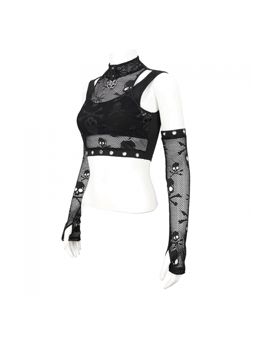 Gothic Cotton Knitted Fabric Fake Two-Piece Small Stand-Up Collar Patchwork Skull Mesh Super Short Vest