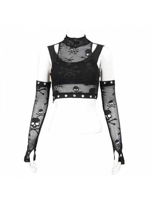 Gothic Cotton Knitted Fabric Fake Two-Piece Small Stand-Up Collar Patchwork Skull Mesh Super Short Vest