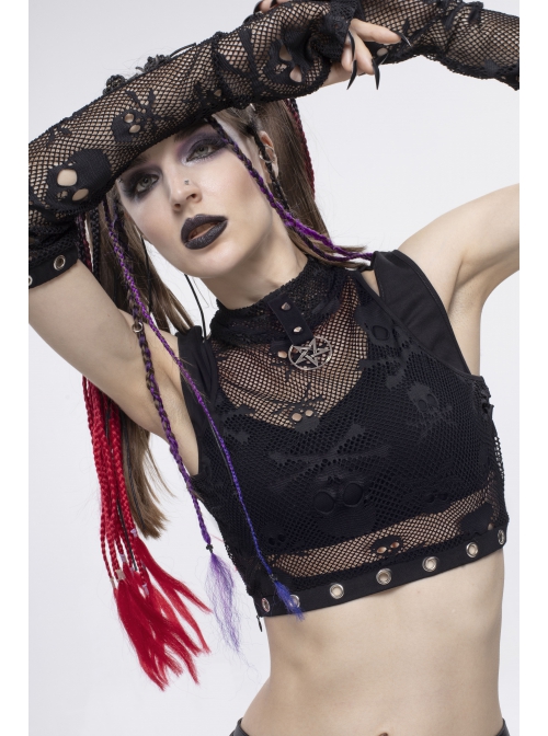 Gothic Cotton Knitted Fabric Fake Two-Piece Small Stand-Up Collar Patchwork Skull Mesh Super Short Vest