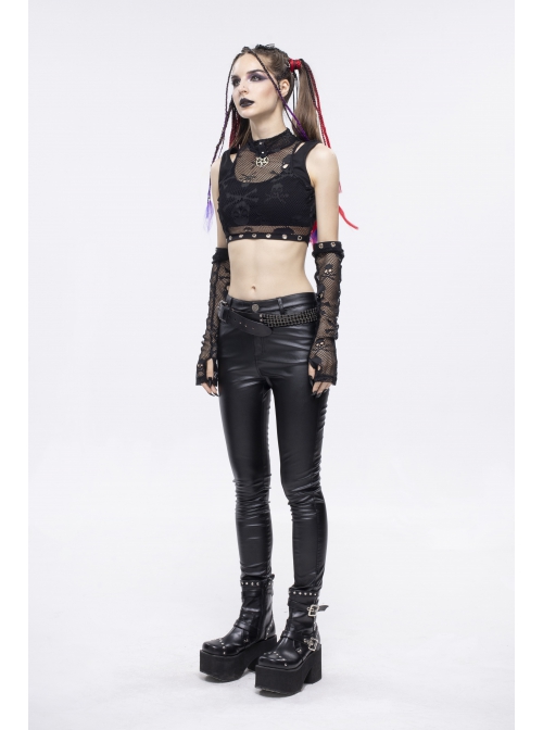 Gothic Cotton Knitted Fabric Fake Two-Piece Small Stand-Up Collar Patchwork Skull Mesh Super Short Vest