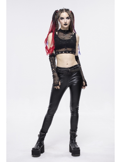 Gothic Cotton Knitted Fabric Fake Two-Piece Small Stand-Up Collar Patchwork Skull Mesh Super Short Vest
