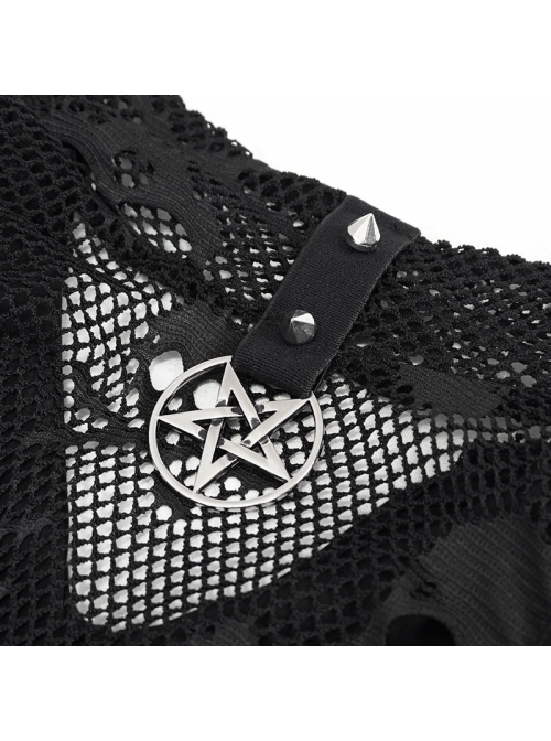 Gothic Cotton Knitted Fabric Fake Two-Piece Small Stand-Up Collar Patchwork Skull Mesh Super Short Vest