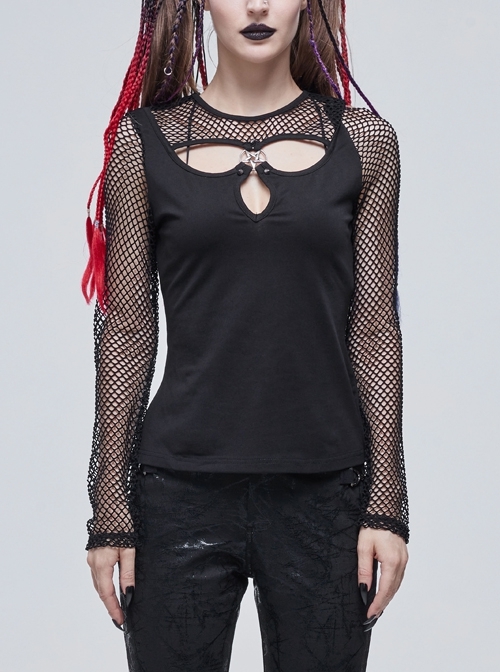Knitted Cotton Stitching Mesh Yarn Deep V Basic Style Metal Pentagram Decoration Punk T-Shirt