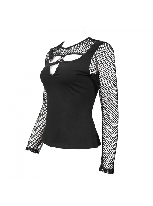 Knitted Cotton Stitching Mesh Yarn Deep V Basic Style Metal Pentagram Decoration Punk T-Shirt
