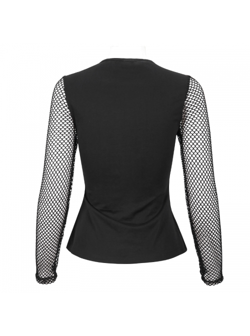 Knitted Cotton Stitching Mesh Yarn Deep V Basic Style Metal Pentagram Decoration Punk T-Shirt