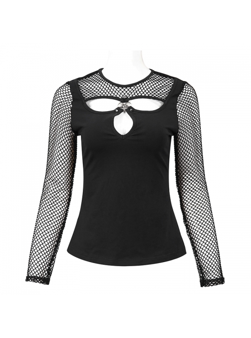 Knitted Cotton Stitching Mesh Yarn Deep V Basic Style Metal Pentagram Decoration Punk T-Shirt