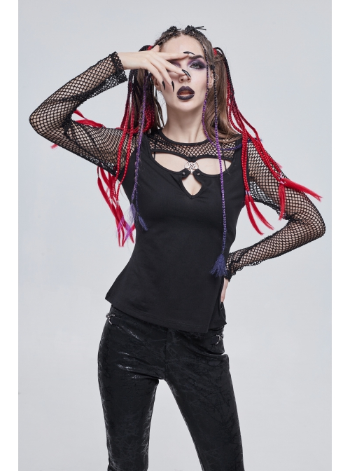 Knitted Cotton Stitching Mesh Yarn Deep V Basic Style Metal Pentagram Decoration Punk T-Shirt