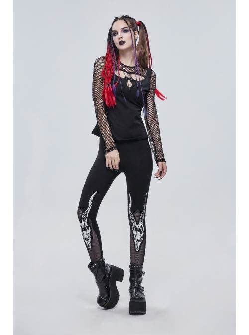 Knitted Cotton Stitching Mesh Yarn Deep V Basic Style Metal Pentagram Decoration Punk T-Shirt