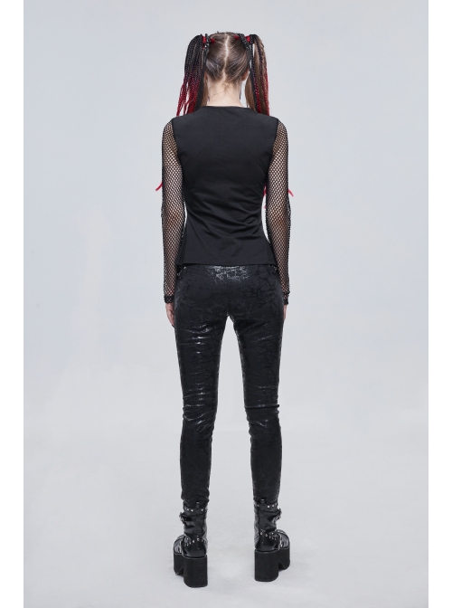 Knitted Cotton Stitching Mesh Yarn Deep V Basic Style Metal Pentagram Decoration Punk T-Shirt